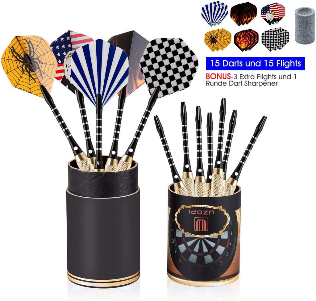 UZOPI 15 Packs Steel Tip Darts 18 Grams with Dart Sharpener and 3 Extra Flights, Aluminum Shafts & Brass Barrels, Levels in Every Rec Room, Man Cave, Bar and Game Room