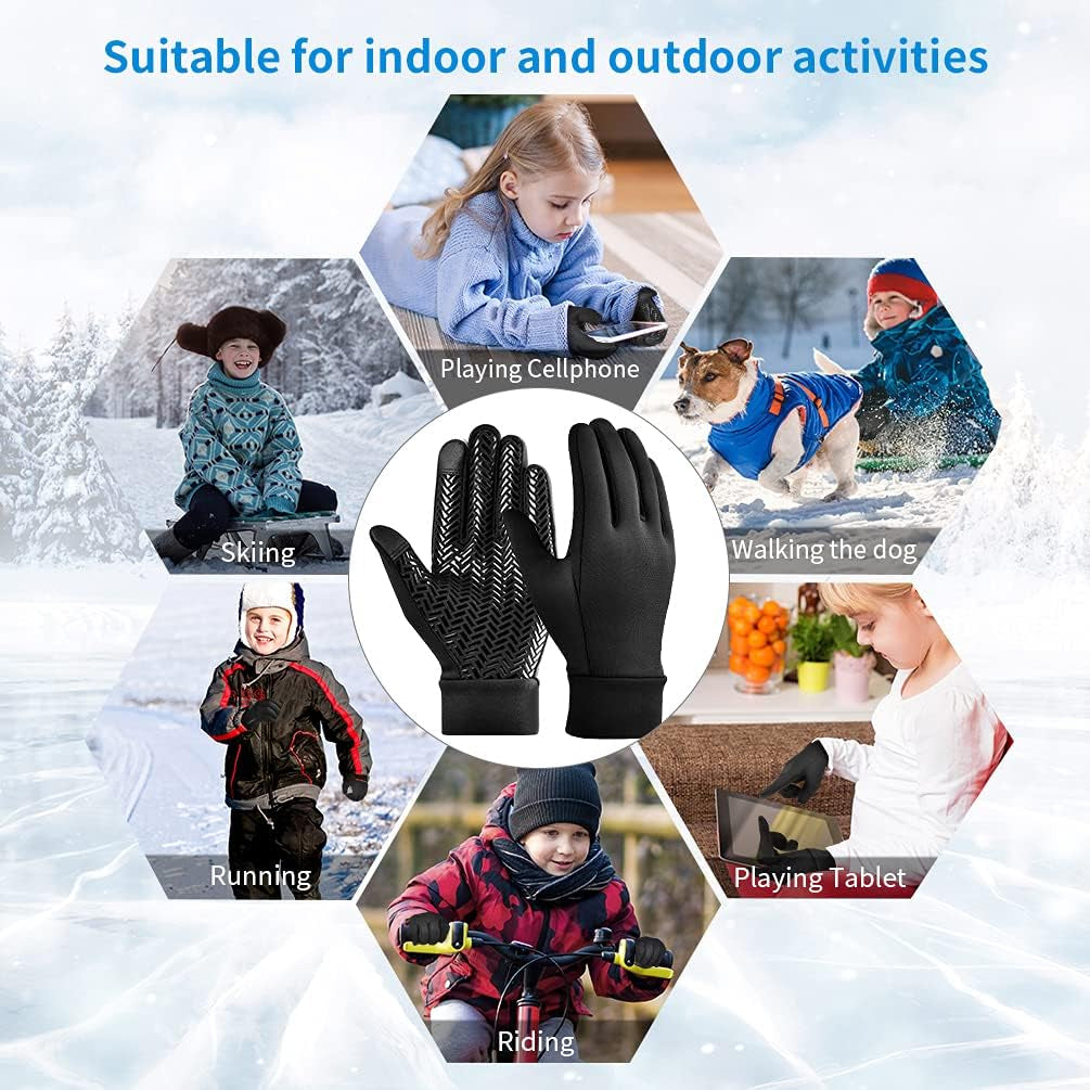 Kids Waterproof Winter Touchscreen Gloves: Lightweight Cold Weather Warm Sport Mitten for Age 6-12 Years Boys & Girls Black