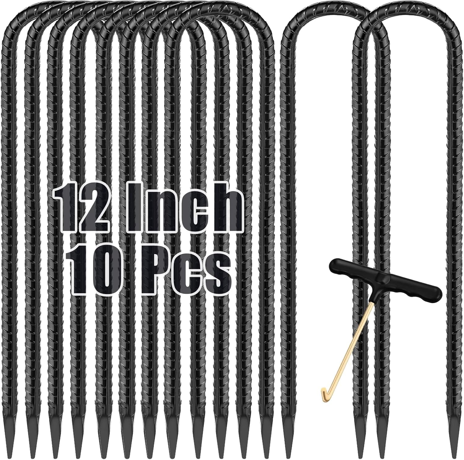 Trampoline Stakes Anchors 10-Pack Trampoline Accessories 12 Inch Wind Stake Heavy Duty High Wind Ground Anchor Galvanized Steel Tie down Anchor Kit for Swing Set Soccer Goal (10Pcs, Black)