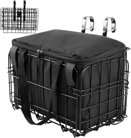 Folding Bike Front Basket with Removable Liner Bag, Black, Steel + Oxford Cloth, Handlebar/Rack Mount, 13.39X7.87X9.06Inch, 20Kg Capacity