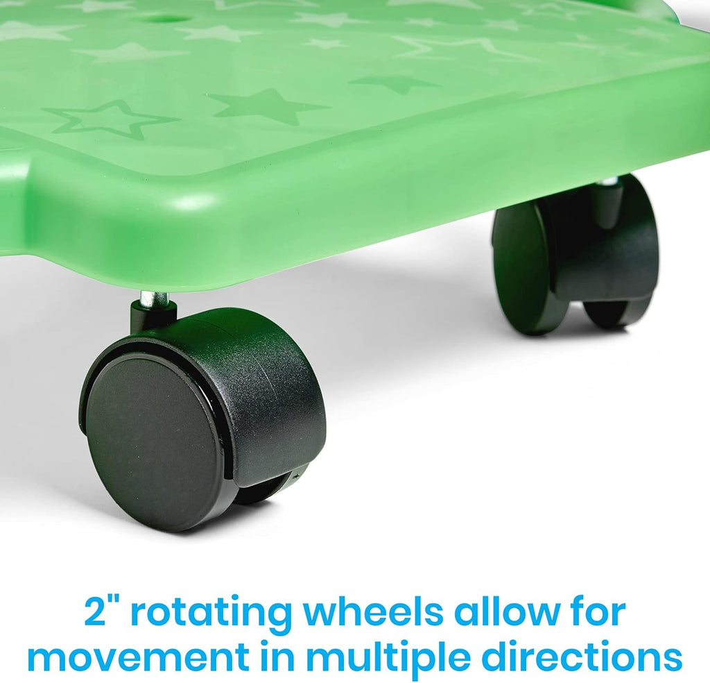 Green Indoor Scooter Board with Safety Handles for Kids Ages 6-12, Plastic Floor Scooter Board with Rollers, Physical Education for Home, Homeschool Supplies (Pack of 1)