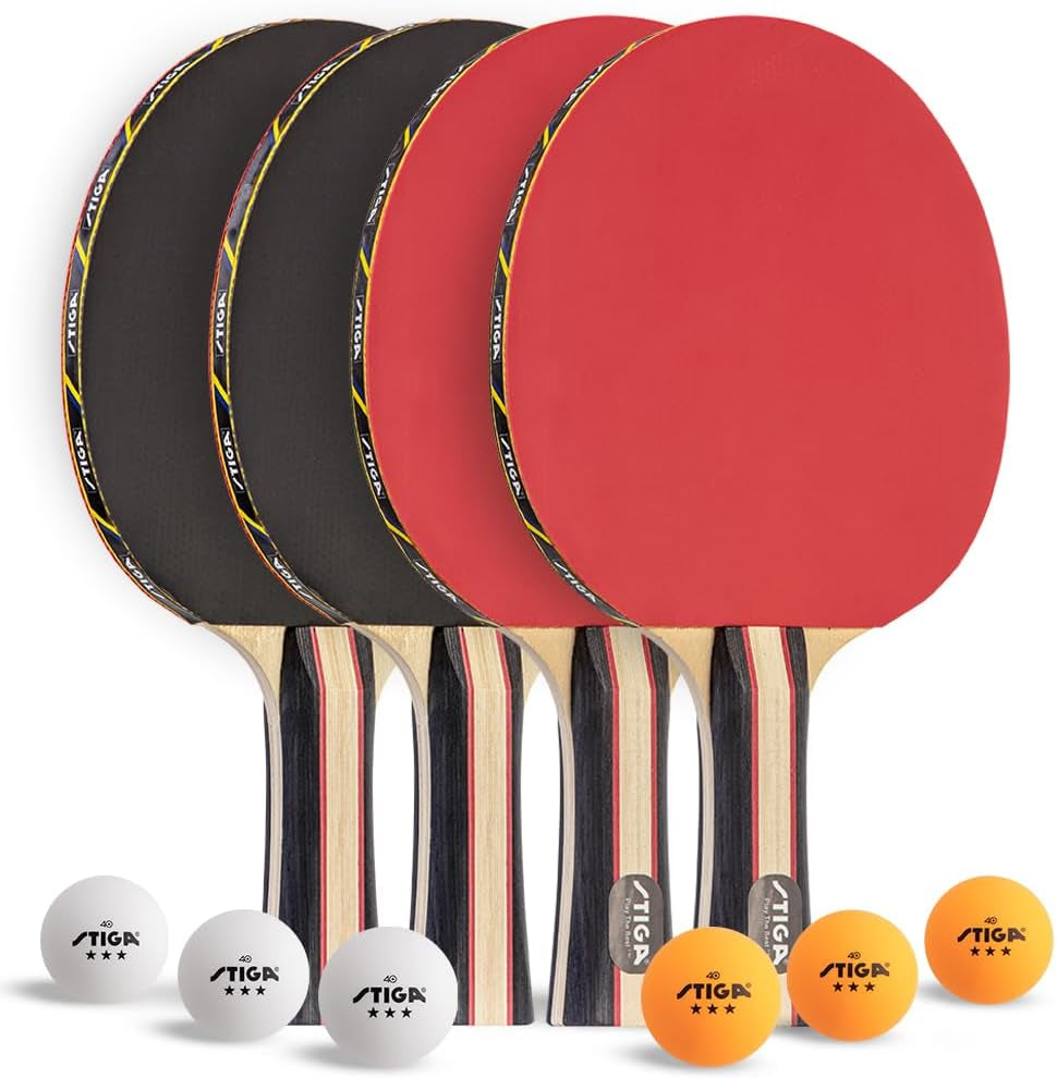 Performance 4 Player Ping Pong Paddle Set of 4 – Table Tennis Rackets, 6 – 3 Star Orange and White Balls